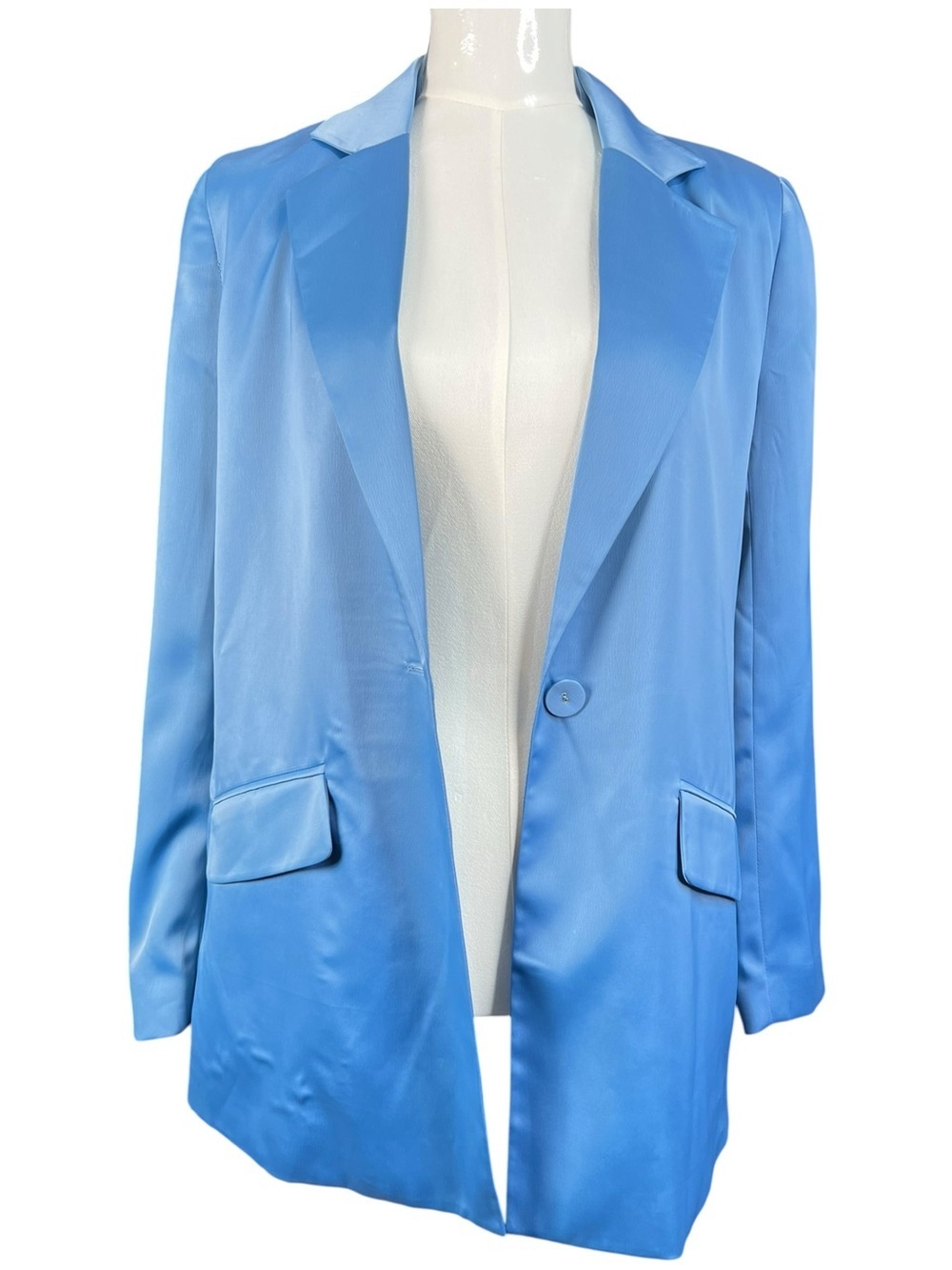 House of Harlo 1960 Satin Boyfriend Blazer in Sky Blue Size XS - Picture 7 of 10